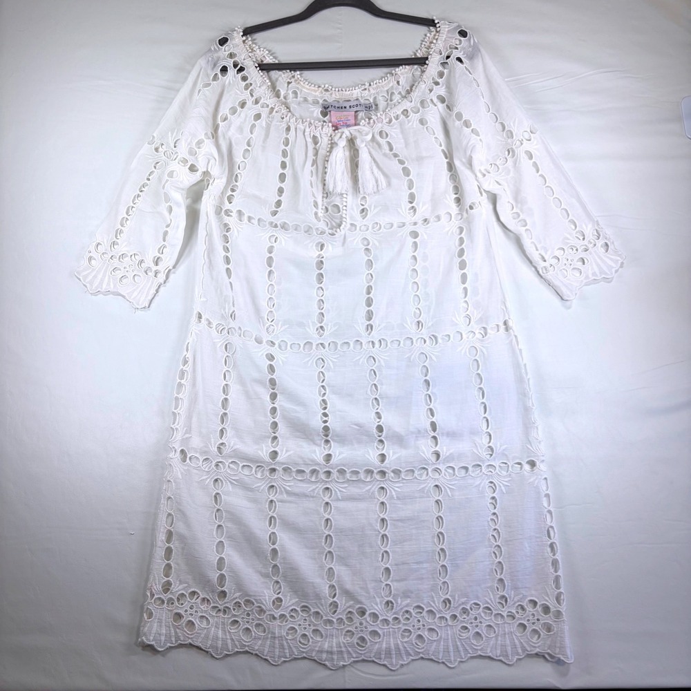 Gretchen Scott White Eyelet Lace Bohemian Swim Cover Up Tassel Tie Women's Small - Picture 9 of 9